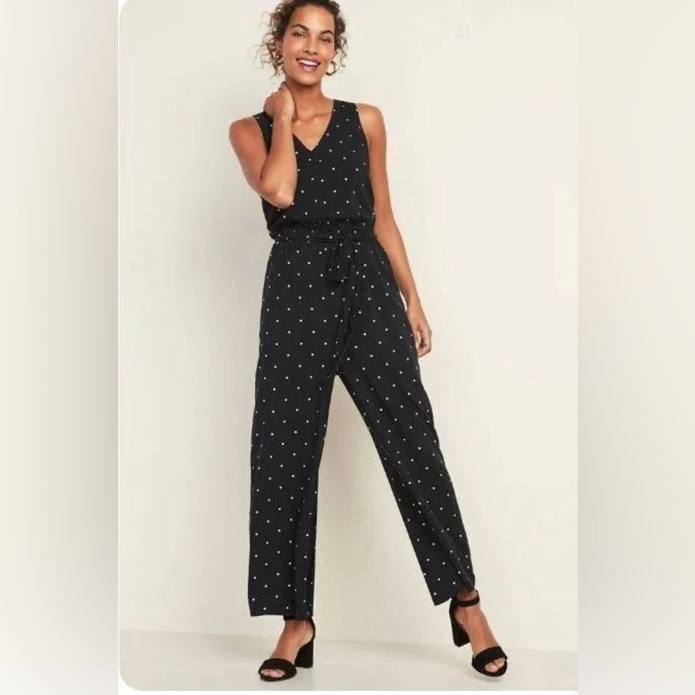 Old Navy Polkadot V-Neck Wide-leg Jumpsuit, large, criss-cross back w/ pockets